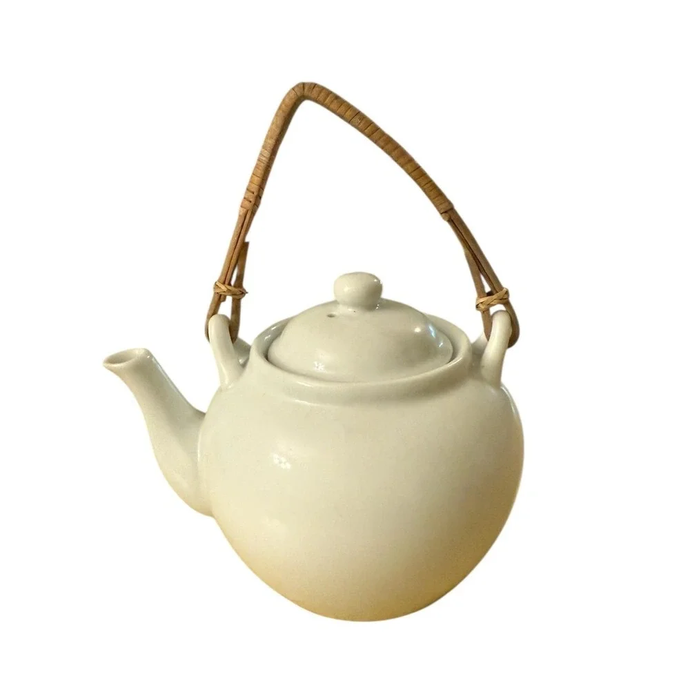 Pier 1 Sakai Bamboo Handle White Porcelain‎ Teapot